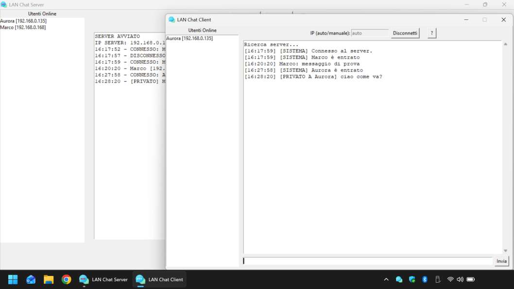 LAN Chat: schermata con chat attiva tra utenti