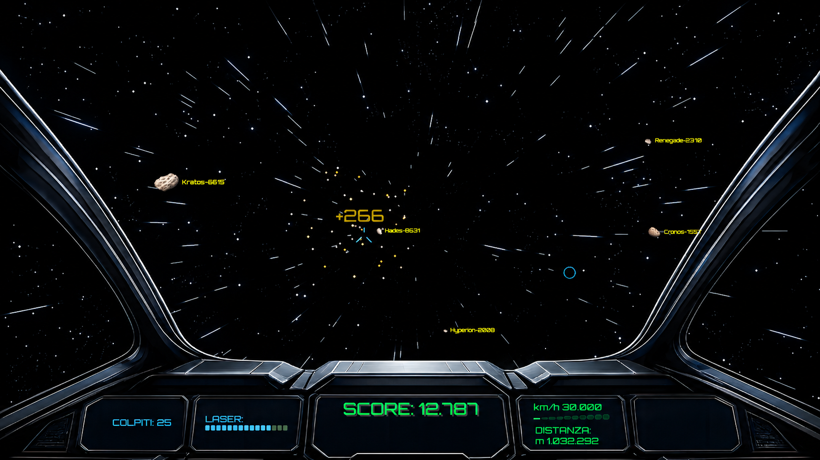 Space Destroyer FPS: visuale dal cockpit con asteroidi, mirino e pannelli di controllo